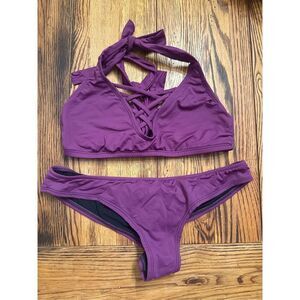Fresh Peaches Swimwear Purple Criss-cross Halter Two-Piece Bikini Set Medium